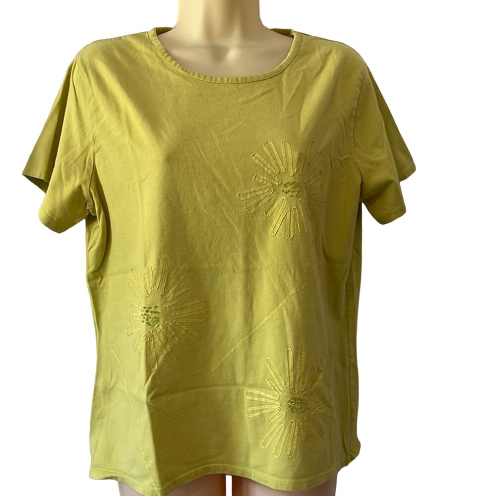 Susan Bristol Green Embellished Knit Top Woman size Large Pullover Short Sleeves